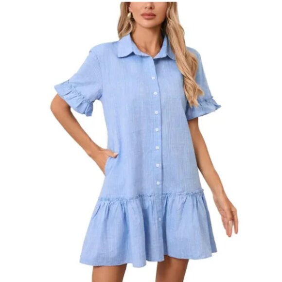 Meadow Rhodes Blue Striped Chambray Ruffle Sleeve Dress Size Small - Picture 1 of 11